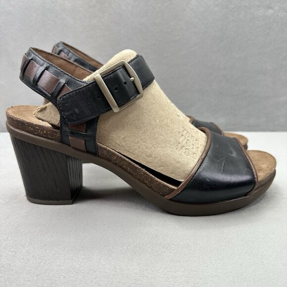 Womens 9.5-10 / EU 40 Dansko Debby Heeled Sandals Black Leather Raffia Chunky - Picture 1 of 8